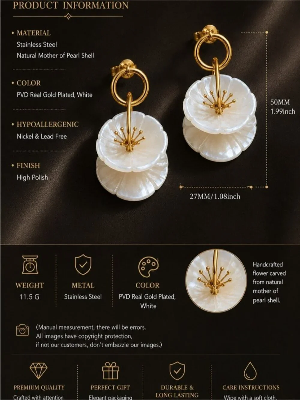 Gold and White Floral Drop Earrings
